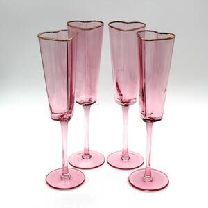 David Tutera Heart Shaped Gold Rim Pink Fluted Champagne Glasses Set of 4